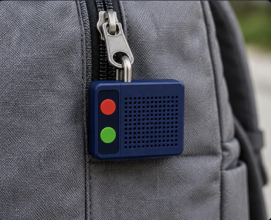 The ZipperStopper alarm lock clipped to a backpack zipper